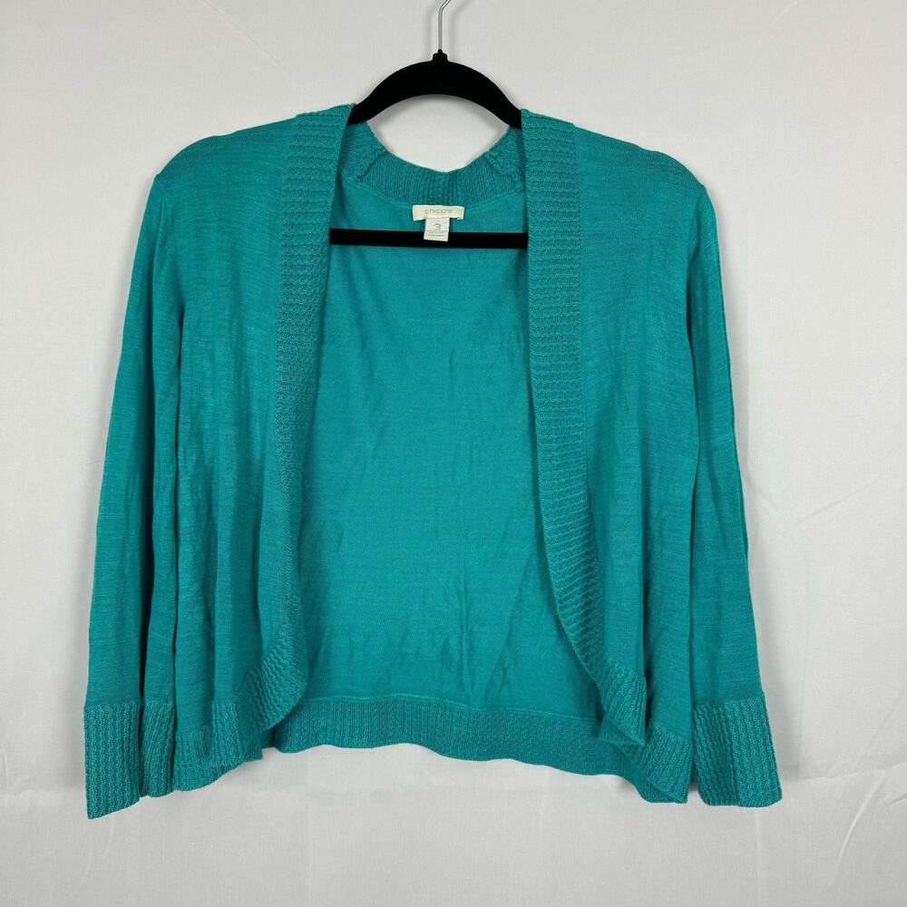 Chico's Cardigan Size 3 100% Silk Open Front Sweater - Aqua Blue, teal